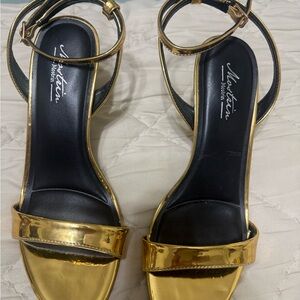 Gold Metallic Block Heel Sandals for Women